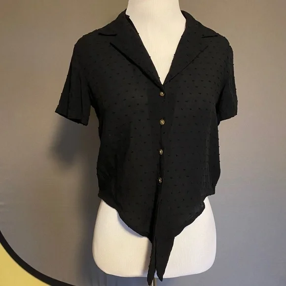 Black Polka Dot Crop Blouse with Black Tie Front and Buttons Size XS - Picture 5 of 11